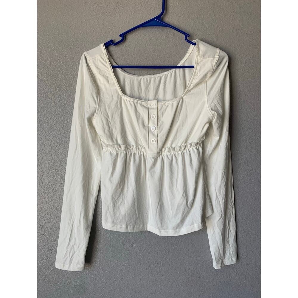 SolyHux White Long Sleeve Babydoll Women’s Small Square Neck Button Detail NWT